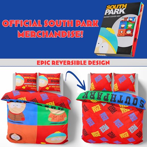 South Park Reversible Duvet Cover & Pillowcase Set for Teens, Men, Single or Double Bed Set, Bedding Decor, Gifts for Him (Multi Double) South Park