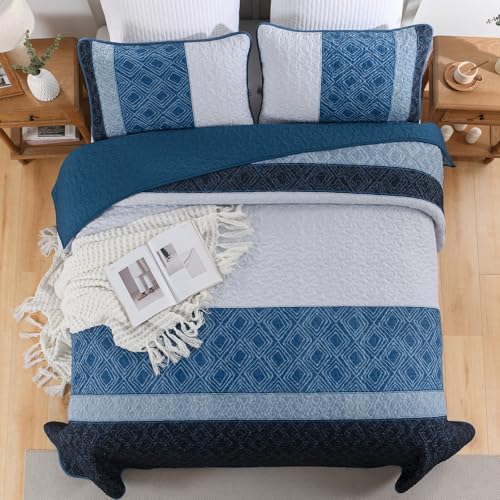 Cottolester Navy Blue Full Quilt Set,Striped Plaid Bedspread Coverlet Set,Khaki Boho Summer Bedding Set Soft Microfiber Bedding Set with 2 Pillow Shams 78"x90" Cottolester