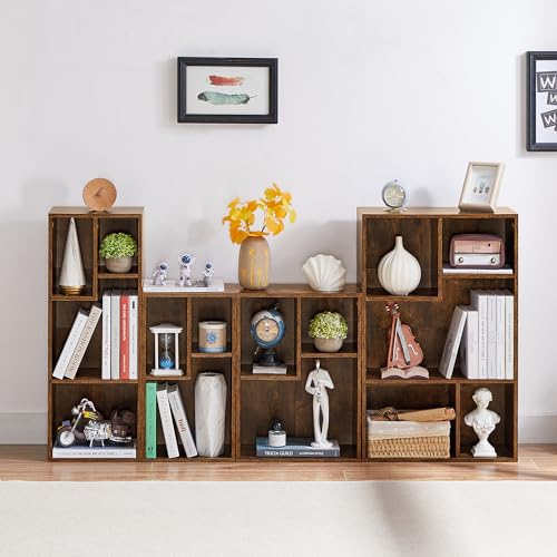 VECELO 3-Cube Small Bookshelf, Modern Bookcases with Shelves Height Up to 12.8 Inches, Suit for Common Size Textbook, Vertical or Horizontal, Cubby Storage Organizer,Rustic Brown VECELO