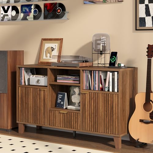 knoworld Large Record Player Stand with Vinyl Storage, Mid Century Modern Turntable Cabinet with Charging Station & Power Outlet, Wooden Storage Cabinet for Living Room and Bedroom (Walnut knoworld