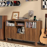 knoworld Large Record Player Stand with Vinyl Storage, Mid Century Modern Turntable Cabinet with Charging Station & Power Outlet, Wooden Storage Cabinet for Living Room and Bedroom (Walnut knoworld
