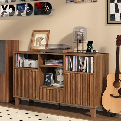 knoworld Large Record Player Stand with Vinyl Storage, Mid Century Modern Turntable Cabinet with Charging Station & Power Outlet, Wooden Storage Cabinet for Living Room and Bedroom (Walnut