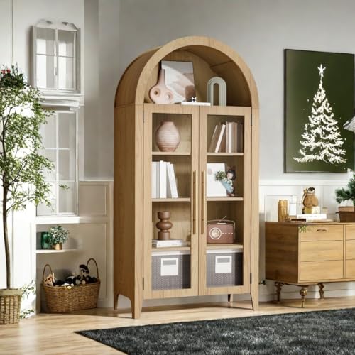 TRUNBACK 63" Arched Display Cabinet with Glass Doors, 5-Tier Curio Cabinet for Living Room, Adjustable Shelves for Dining Room & Home Office, Oak TRUNBACK