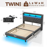 Rolanstar Twin Size Bed Frame, Storage Headboard with Charging Station and LED Lights, Upholstered Bed with Heavy Duty Wood Slats, No Box Spring Needed, Noise Free, Easy Assembly, Dark Grey Rolanstar