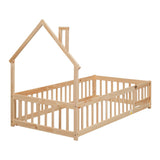 TURRIDU Twin Size Montessori House-Shaped Floor Bed with Fence & Door in Natural Wood TURRIDU