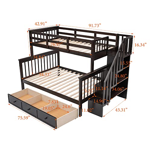 Harper & Bright Designs Twin Over Full Bunk Bed with Stairs and Drawers, Solid Wood Stairway Bunk Bed with Storage for Kids Teens Adults, Bedroom, Dorm (Espresso) Harper & Bright Designs