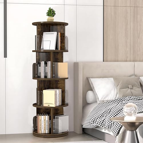 VECELO Rotating Bookshelf Tower, 360°Revolving Bookcase, Round Book Shelf Rotating, Stackable Storage Display Rack Floor Standing, Ideal for Home Office, Brown VECELO