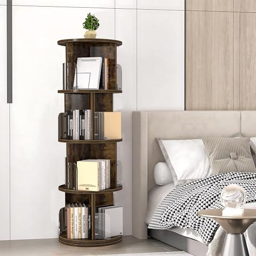 VECELO Rotating Bookshelf Tower, 360°Revolving Bookcase, Round Book Shelf Rotating, Stackable Storage Display Rack Floor Standing, Ideal for Home Office, Brown