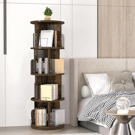 VECELO 4 Tier Revolving Bookshelf Tower, 360° Display Floor Standing Storage Rack with Acrylic Visible Window Partition for Bedroom, Living Room Home and Office, Brown VECELO