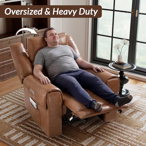 ANJ Premium Genuine Leather Power Recliners for Adults, Dual Motor Electric Recliner Chairs with Power Headrest & Dual Cup Holders, Overstuffed Heavy Duty Reclining Sofa for Living Room Bedroom, Brown