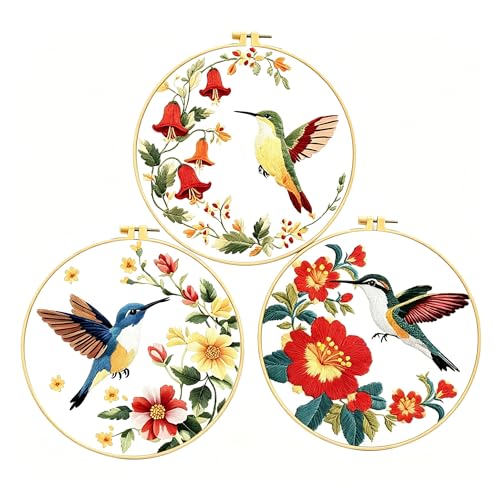 Zhenqing 3-Piece Hummingbird Embroidery Kit for Beginners - Complete Set with Pre-Printed 29x29cm Cotton Fabric, Hoop, Threads & Tools (C0168)