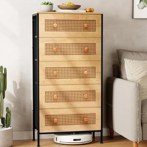 Crestlive Products Rattan Dresser Storage Tower, Tall Fabric Dresser, Chests of Drawers, Wood Top &Wood Handles - Organizer Unit for Bedroom, Hallway, Entryway, Closets - 5 Drawers (Natural) Crestlive Products