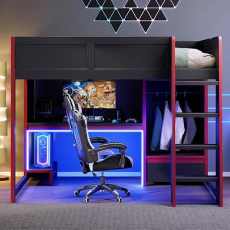 Merax Wood Full Size Gaming Loft Bed with Built-in Desk, Wardrobe, LED and a Drawer, No Box Spring Needed, Sturdy Wood Frame for Bedroom, Black Merax