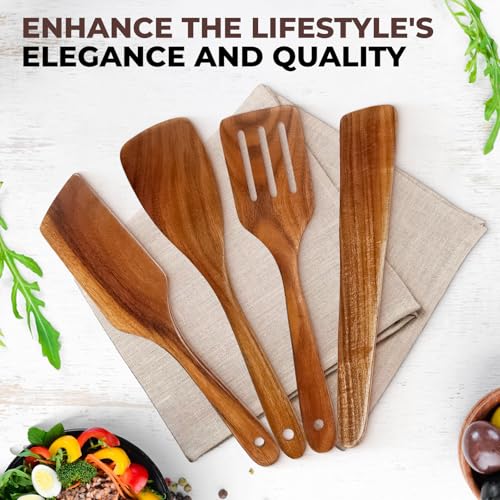 Wooden Spatula for Cooking, Premium Teak Wood Spatula, NonStick Kitchen Utensils Set of 4 Contain Paddle, Turner Spatula, Slotted Spatula and Wood Scraper