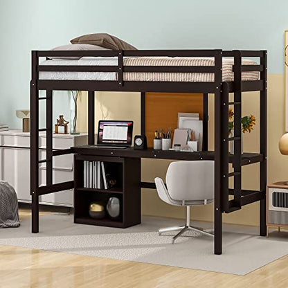 DEYOBED Espresso Wooden Twin Size Loft Bed with Desk, Writing Board, and Drawers