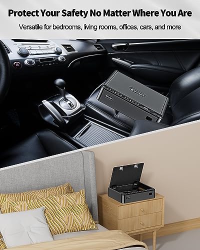 BILLCONCH Smart Gun Safe with Security Cable - Biometric Gun Safe for Handgun 4 Ways Quick Access with Fingerprint/Keypad/Key/APP Lock Pistol Safe for Nightstand Bedside Home Car with LCD/Voi - WoodArtSupply