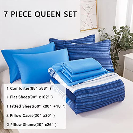 KAKIJUMN 7 Piece Bed in a Bag Stripe Comforter Set Queen Size, White and Blue Patchwork Striped Comforter and Sheet Set, All Season Soft Microfiber Complete Bedding Sets(Blue,Queen) KAKIJUMN