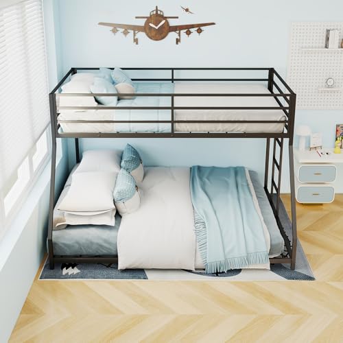 Rovibek Metal Bunk Bed Twin Over Full - Low Bunk Beds with Ladder and Guardrail, Heavy Duty Bunk Beds for Adults & Teens, No Box Spring Needed, Black Rovibek