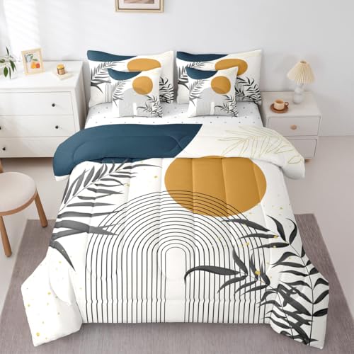 Erosebridal Boho Mid Century Queen 7 Pcs Bedding Set, Contemporary Bohemian Minimalist Comforter Set with Sheets, Abstract Geometric Bed in A Bag, Sage Tropical Palm Leaves Retro Elegant Zen Bed Sets Erosebridal