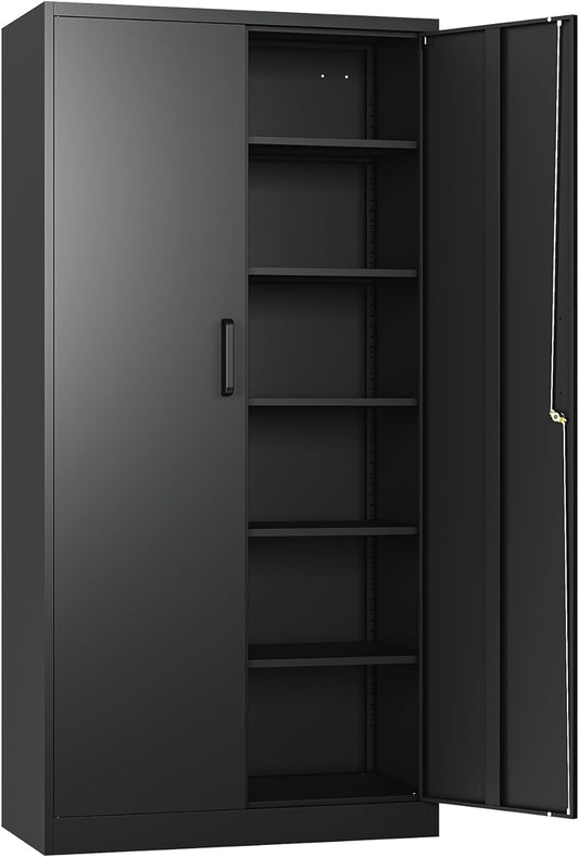 Oasecrilio Garage Storage Cabinet with 2 Lockable Doors, 5 Adjustable Shelves Metal Storage Cabinet, Kitchen Pantry Storage Cabinet, Heavy-Duty Steel Cabinet for Home, 71'H, Black - WoodArtSupply