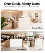 Anzhap 94" L-Shaped Reception Desk with Counter — Front Desk Reception Counter with Lockable Drawer, Storage Cabinet & Double Countertop for Office, Lobby, Checkout (Oak & Cream White) Anzhap