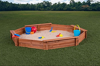 Octagon Wooden Cedar Sand Box w Seat Boards | Eco-Friendly Cover & Ground Liner | 84" X 78" x 9" | 3/4" Cedar Boards | Easy DIY Assembly | Holds 800+ lbs of Sand | Natural Cedar Beauty Built to Last