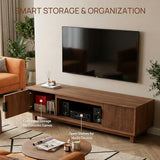BRITEMART TV Stands for Living Room, 70 Inch Large Entertainment Center Fluted TV Stand with Storage, Boho Media Console Wood Television Table with Cable Management Hole, Walnut BRITEMART