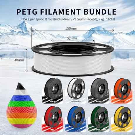 UJOYBIO PETG Filament 1.75mm 250G*8, 3D Printer Filament Bundle, High Strength & Tangle-Free, Dimensional Accuracy +/- 0.03mm, Easy to Use, Fit for Most FDM 3D Printers, 0.25KG Spool, 8 Packs Bundle UJOYBIO