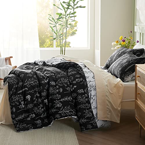 Bedsure Twin/Twin XL Comforter Set - Black Bed Set, 2 Pieces Cute Floral Bedding, 1 Soft Reversible Botanical Flowers Comforter and 1 Pillow Sham Bedsure