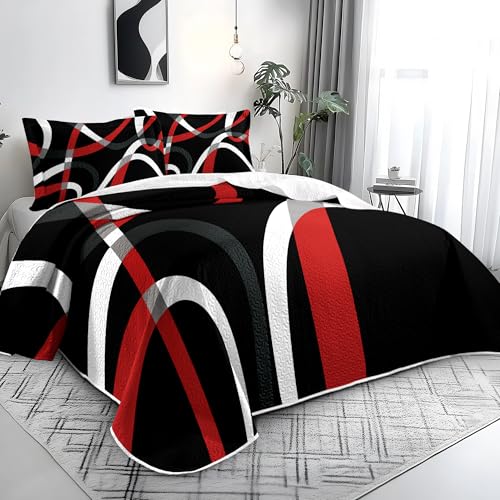 weesire Black and Red Bedding Quilt King Size with 2 Shams, Modern Stripe Comforter Sets Classic Line Pattern Bedspreads Grey and Red Coverlet, 96''x106'' weesire