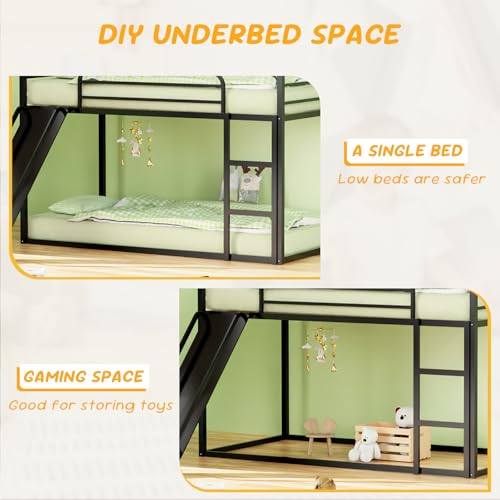 Varmsteda Bunk Bed Twin Over Twin for Kids with Slide and Ladder, Metal Floor Bunk Bed Frame with Full-Length Guardrail, Space-Saving Bunk Beds, Black Varmsteda