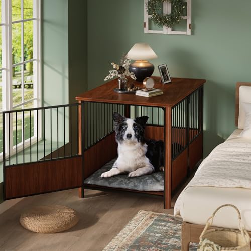 Zivanti 43'' XL Fluted Large Dog Crate Furniture with 3 Doors, Modern Indoor Decorative Dog Crate End Table, Wooden Dog Kennel Cage for Medium to Large Dogs, Walnut Zivanti