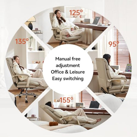 EMIAH Office Chair with Foot Rest, Ergonomic Executive Office Chair with Arms, Reclining High Back PU Leather Comfy Swivel Computer Desk Chairs with Wheels and Lumbar Support for Home Office, Beige EMIAH