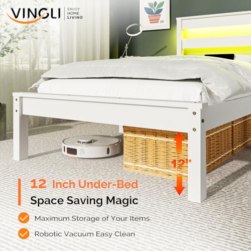 VINGLI LED Twin Bed Frame Set of 2 Solid Wood Platform Single Bed with Headboard Shelf USB Charging Station,Panel Bed, Wood Slat Support Mattress Foundation, White VINGLI