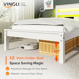 VINGLI LED Twin Bed Frame Set of 2 Solid Wood Platform Single Bed with Headboard Shelf USB Charging Station,Panel Bed, Wood Slat Support Mattress Foundation, White VINGLI