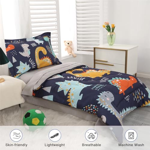 Wowelife Toddler Bedding Sets for Boys Premium 4 Piece Dinosaur Toddler Comforter Set Blue Grey Bed Set, Super Soft and Comfortable for Toddler(Dark Blue) Wowelife