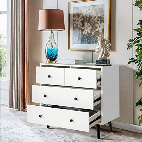 Tangkula 4 Drawer Storage Cabinet, Wood Chest of Drawers, Freestanding Floor Side Cabinet with Legs & Metal Handles, Modern Storage Drawer for Living Room (White) Tangkula