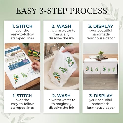 LEISURE ARTS Stamped Tea Towel with Perle Edge, Herb Garden, 2 Pack, 17x28 Inch, Percale Stamped Embroidery Fabric, DMC Anchor Coats Floss Guide
