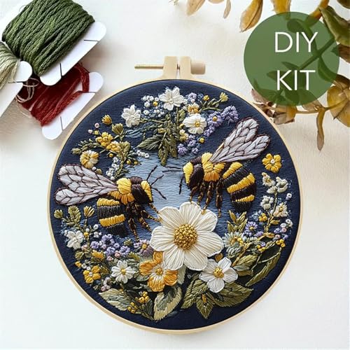 Huacan Embroidery Kit for Beginners Adults Includes Stamped Bees Pattern, Hoop, Color Threads,Tools,Easy to Follow Instruction