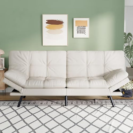 Opoiar 71" L Covertible Futon Sofa Bed,Faux Leather Futon Couch, Memory Foam Modern Loveseat Sleeper, Small Splitback Sofa Couches for Living Room,RV,Home Office,Apartment,White Opoiar