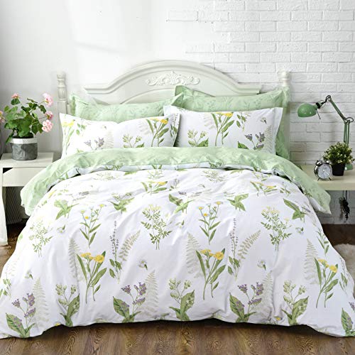 FADFAY Farmhouse Premium Shabby Green Daisy and Botanical Lavender Flowers 100% Cotton Bedding Set King Duvet Cover Set with Hidden Zipper Closure 3-Piece:1 Duvet Cover & 2Pillowcases FADFAY