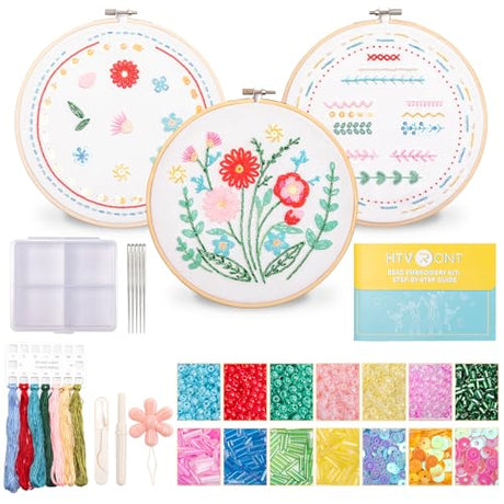 HTVRONT Bead Embroidery Kit for Beginners 3 Sets Bling Bling Bead Embroidery Kit with Step By Step Stitch Video & Instructions, Three-Dimensional Starter Embroidery Set with 19 Stitches for Gift HTVRONT