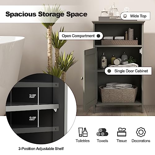 CLEEMAN Bathroom Storage Cabinet, Freestanding Wooden Bathroom Floor Cabinet with Door, Open Shelf, 3-Level Adjustable Shelf, Multipurpose Side Storage Organizer for Living Room, Kitchen (Grey) CLEEMAN