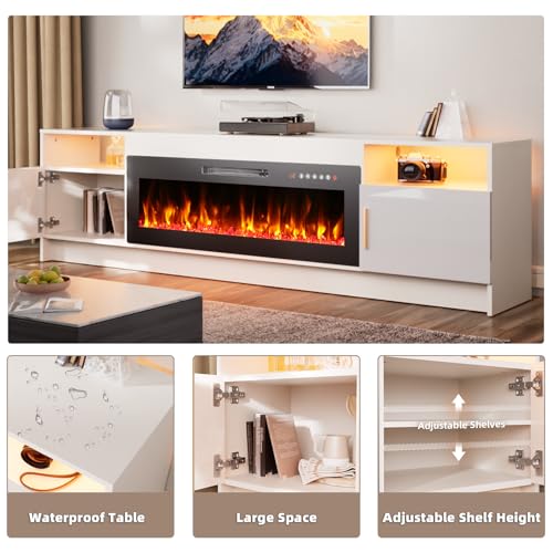 EAG 80" Electric Fireplace TV Stand with 42 inch Fireplace Up to 90" TVs, Entertainment Center with with Storage Cabinet & LED Lights, Modern Media Console for Living Room, White EAG