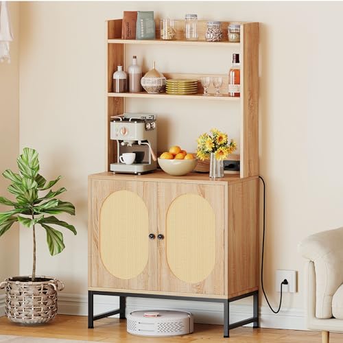 DWVO Microwave Stand Bakers Rack Cabinet, Woven Rattan Farmhouse Freestanding Small Kitchen Pantry Hutch Tall w Door Power Outlet Thickened Counter, Coffee Bar Storage Shelves, Oak