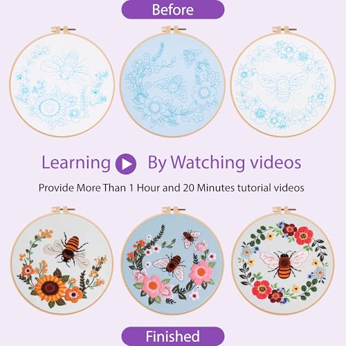 Uniartfy 3 Pack Bee Flower Embroidery Kits for Beginners, Cross Stitch Kit for Adults, DIY Needlepoint with Embroidery Hoop, Tools, Easy to Learn Video & Instructions, Hand Embroidery Starter Kit