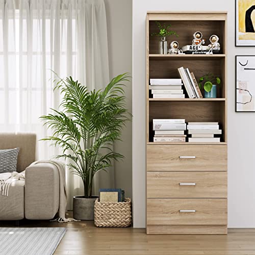 FOTOSOK 71 Inches Tall Storage Cabinet, Bookcase with 3 Drawers and 3-Tier Open Shelves, Wooden Bookshelf Storage Organizer for Living Room, Study, Kitchen, Home Office, Oak