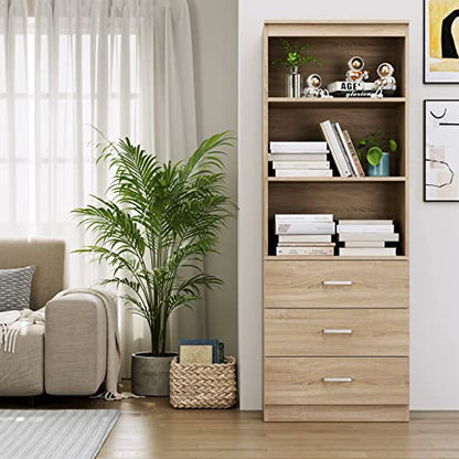 FOTOSOK 71 Inches Tall Storage Cabinet, Bookcase with 3 Drawers and 3-Tier Open Shelves, Wooden Bookshelf Storage Organizer for Living Room, Study, Kitchen, Home Office, Oak