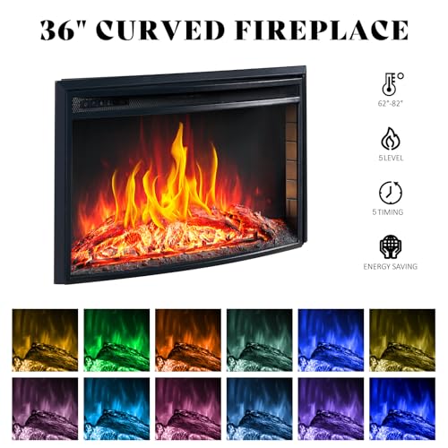 AMERLIFE 70" Curved Fireplace TV Stand with 36'' Electric Fireplace, Farmhouse LED Entertainment Center for TVs up to 80'' with Glass Doors & Adjustable Shelves, Espresso - WoodArtSupply