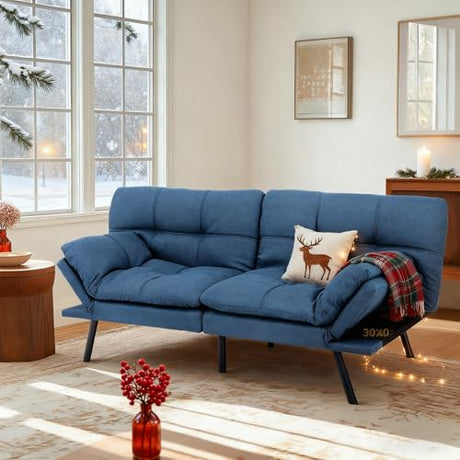 MUUEGM Futon Sofa Bed 71" Convertible Memory Foam Royal Blue Futon Couch Bed Modern Loveseat Sleeper with Adjustable Backrests Armrests for Living Room,Small Space,Office MUUEGM